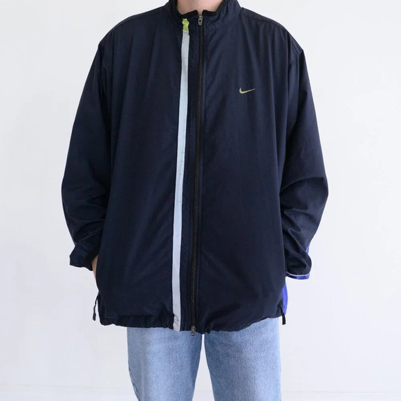 VTG Nike Y2K Navy  Blue Gray Tag Zip Up Fishnet Lined Running Windbreaker Jacket - Picture 1 of 12